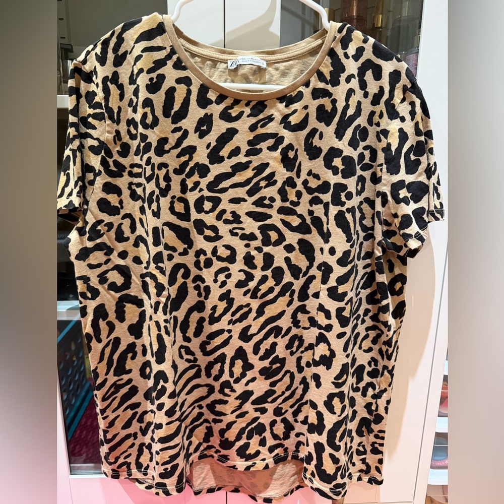 Zara Black and Tan Animal Print Short Sleeve Top